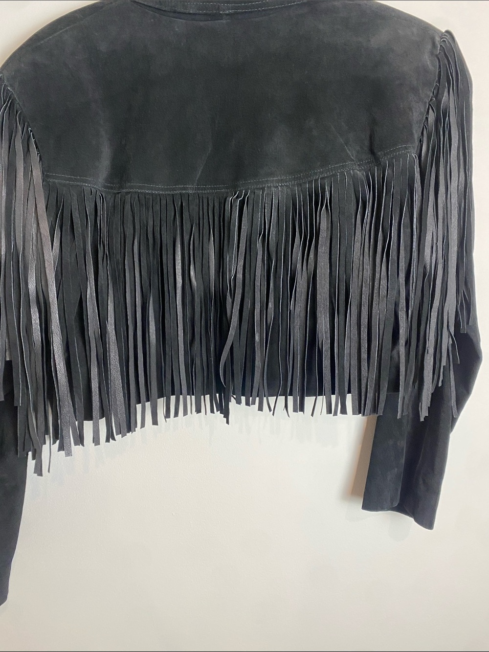 Vintage Cedars Black Fringe Suede Leather Cropped Cowgirl Collared Coat Size M - Picture 7 of 7